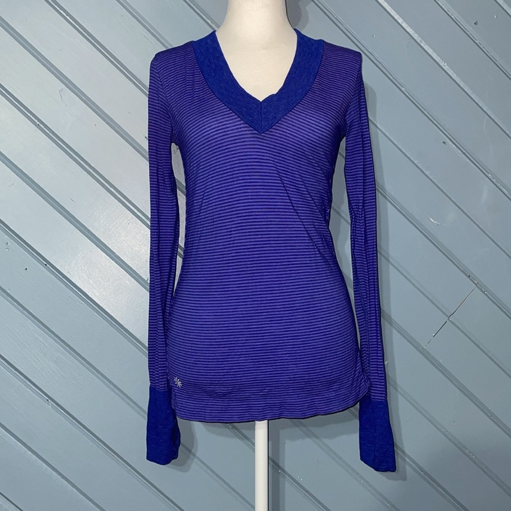 Athleta Wool Tencel Blend Layering Striped Purple V-neck Long Sleeve